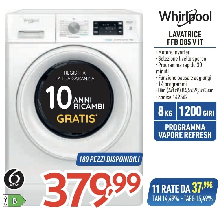 WHIRLPOOL FFB D85 V IT LAVATRICE 8KG